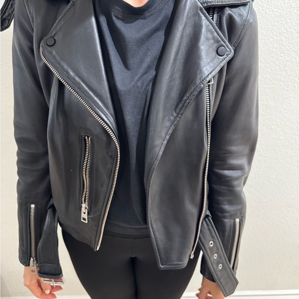 All Saints Black Leather Biker Jacket with Silver Hardware
(Balfern Jacket)